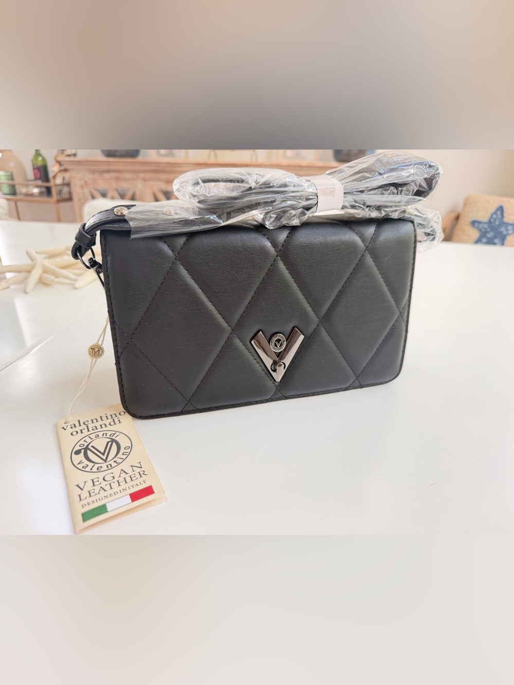 Orlandi Valentino Quilted Black Leather Crossbody Bag with Silver Hardware